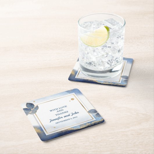 青エレガント金ゴールド葉ボタ結婚ニカル スクエアペーパーコースター (インサイチュ)