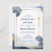 青エレガント金ゴールド葉ボタ結婚ニカル 招待状 (正面)