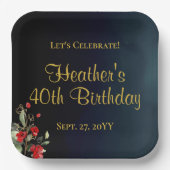 青エレガント金ゴールド赤フローラ40th誕生日パーティー ペーパープレート (正面)