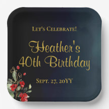 青エレガント金ゴールド赤フローラ40th誕生日パーティー