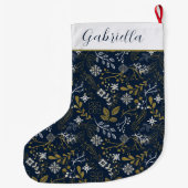 青エレガント金ゴールド銀植物模様 ラージクリスマスストッキング (裏面)