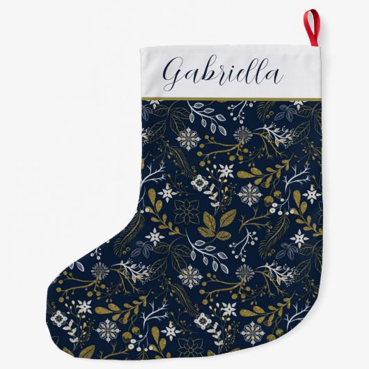 青エレガント金ゴールド銀植物模様 ラージクリスマスストッキング (裏面)