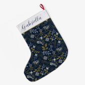 青エレガント金ゴールド銀植物模様 ラージクリスマスストッキング (裏面 (吊り時))