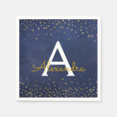 青エレガント金フォイル紙吹雪モノグラム スタンダードカクテルナプキン (正面)