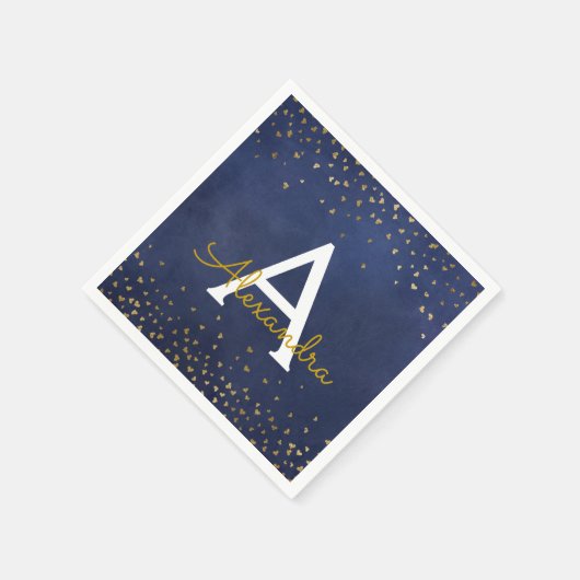 青エレガント金フォイル紙吹雪モノグラム スタンダードカクテルナプキン (角)