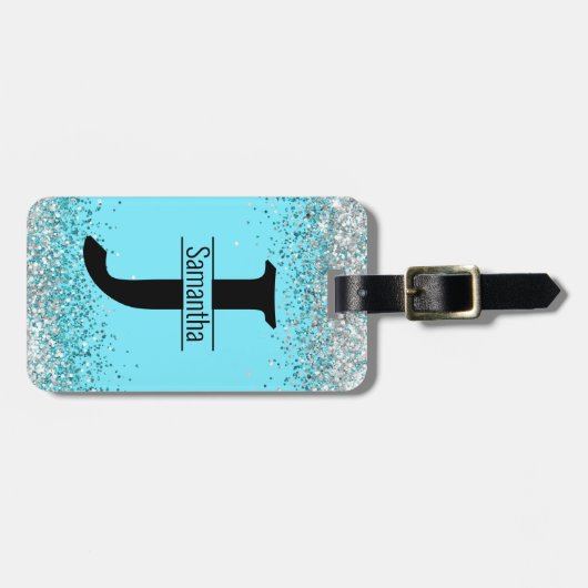 青エレガント銀ガーリーグリッターモノグラム ラゲッジタグ (正面横)