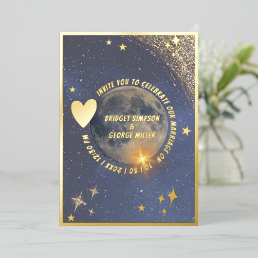 青エレガント銀河系天結婚月金ゴールド 箔招待状 (立ち正面)