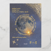 青エレガント銀河系天結婚月金ゴールド 箔招待状 (裏面)
