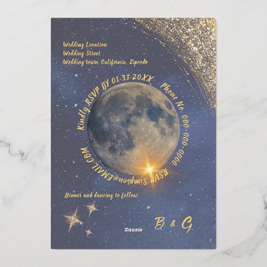 青エレガント銀河系天結婚月金ゴールド 箔招待状 (裏面)