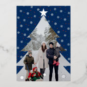 青エレガント雪のクリスマスツリー写真 箔シーズンカード (正面)