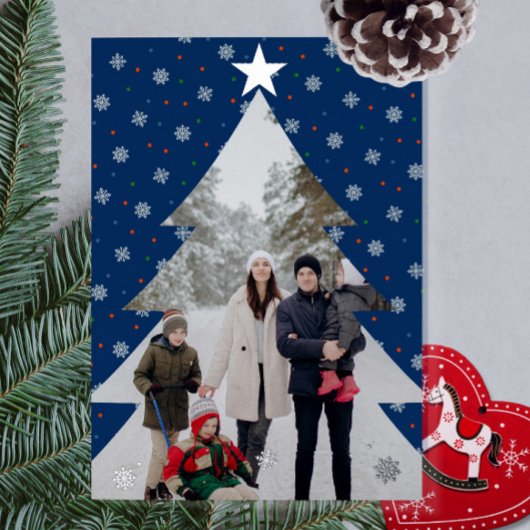 青エレガント雪のクリスマスツリー写真 箔シーズンカード