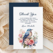 青エレガント鳥ピンクの花誕生日ありがとう サンキューカード