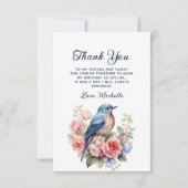 青エレガント鳥ピンクの花誕生日ありがとう サンキューカード (正面)