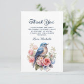 青エレガント鳥ピンクの花誕生日ありがとう サンキューカード (スタンド正面)