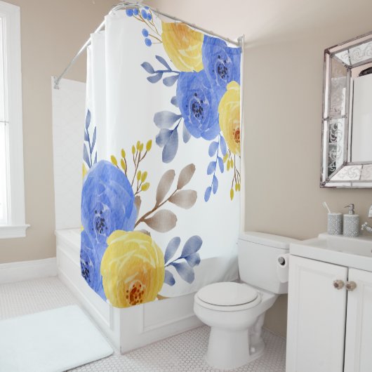 青エレガント黄と白のフローラ水色 シャワーカーテン (インサイチュ)