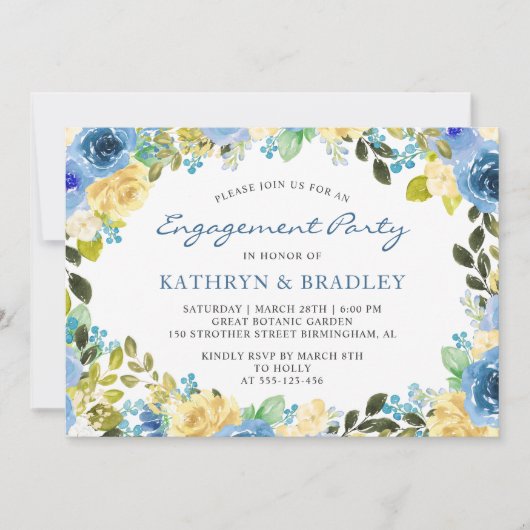 青エレガント黄フローラ婚約パーティカード 招待状 (正面)