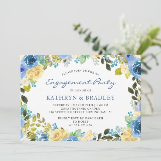 青エレガント黄フローラ婚約パーティカード 招待状 (スタンド正面)