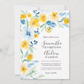 青エレガント黄フローラ水結婚色 招待状 (正面)
