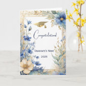 青エレガント黄金の花パーソナライズされた卒業 カード (黄色い花)
