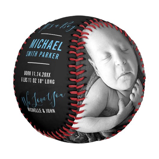 青エレガント黒の誕生のお知らせ2写真名 野球ボール (アングル)