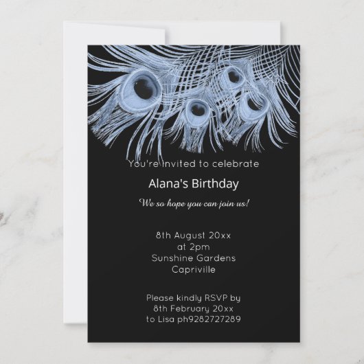 青エレガント黒モダン孔雀の羽根 招待状 (正面)