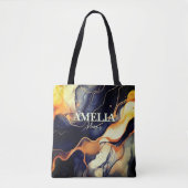 青エレガント黒大理石アートフェイク金ゴールドグリッター トートバッグ (正面)