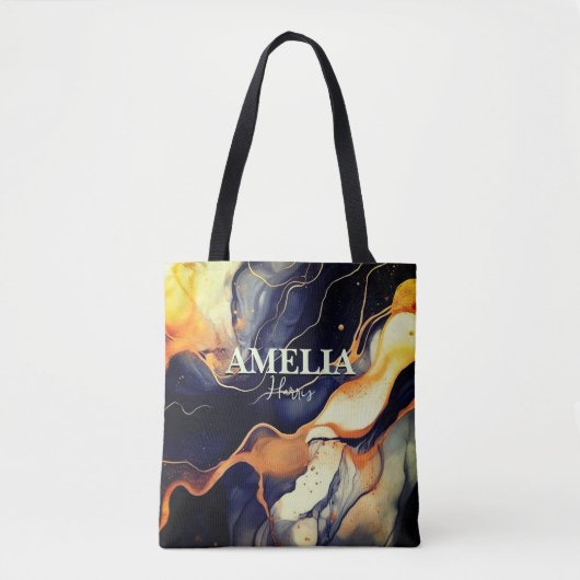 青エレガント黒大理石アートフェイク金ゴールドグリッター トートバッグ (正面)