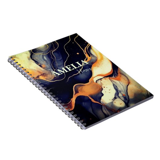 青エレガント黒大理石アートフェイク金ゴールドグリッター ノートブック (右側)