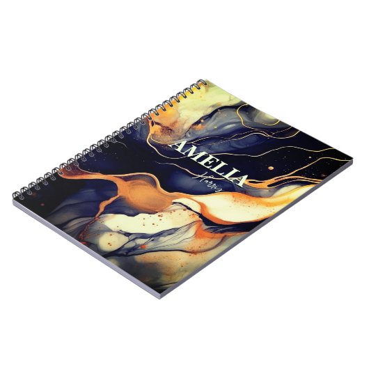 青エレガント黒大理石アートフェイク金ゴールドグリッター ノートブック (左側)