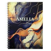 青エレガント黒大理石アートフェイク金ゴールドグリッター ノートブック (正面)