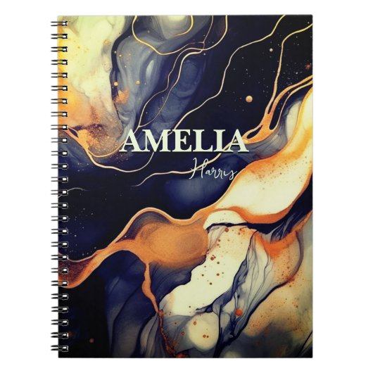 青エレガント黒大理石アートフェイク金ゴールドグリッター ノートブック (正面)