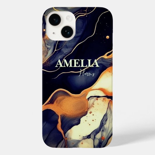 青エレガント黒大理石アートフェイク金ゴールドグリッター Case-Mate iPhoneケース (裏面)