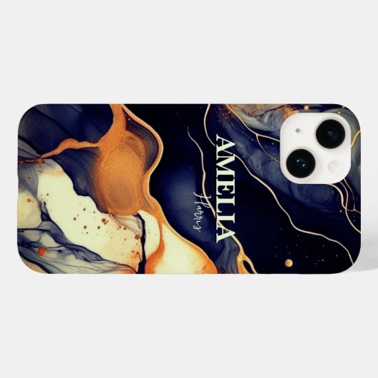 青エレガント黒大理石アートフェイク金ゴールドグリッター Case-Mate iPhoneケース (裏面 (横))