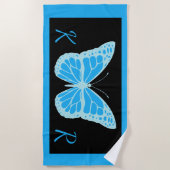 青エレガント黒蝶モノグラムの ビーチタオル (正面)