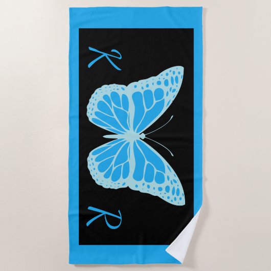 青エレガント黒蝶モノグラムの ビーチタオル (正面)