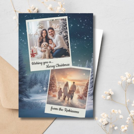 青エレガント2枚モダンコラージクリスマス シーズンカード