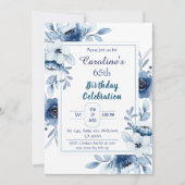 青エレガント65th誕生日フローラの色合い 招待状 (正面)