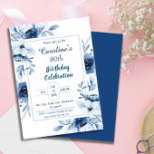 青エレガント80th誕生日フローラの色合い 招待状