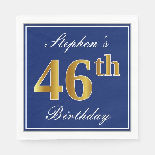 青エレガント、フェイク金ゴールド46番目の誕生日、名前をカスタムする スタンダードランチョンナプキン (正面)