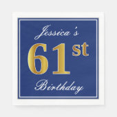 青エレガント、フェイク金ゴールド61番目の誕生日、名前をカスタムする スタンダードランチョンナプキン (正面)