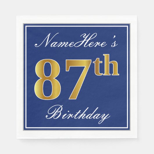 青エレガント、フェイク金ゴールド87番目の誕生日、名前をカスタムする スタンダードランチョンナプキン (正面)