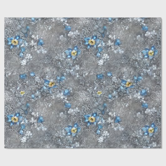 青エレガント、灰色、白のフローラと宝石 ラッピングペーパー (フラット)