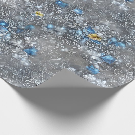 青エレガント、灰色、白のフローラと宝石 ラッピングペーパー (角)