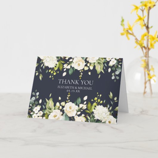 青エレガント&白フローラ写真ありがとうござ結婚う カード (黄色い花)