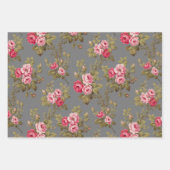 青エレガント/緑/灰色BGのピンク色のヴィンテージバラ ラッピングペーパーシート (正面3)