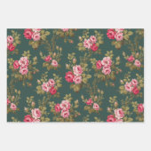 青エレガント/緑/灰色BGのピンク色のヴィンテージバラ ラッピングペーパーシート (正面2)