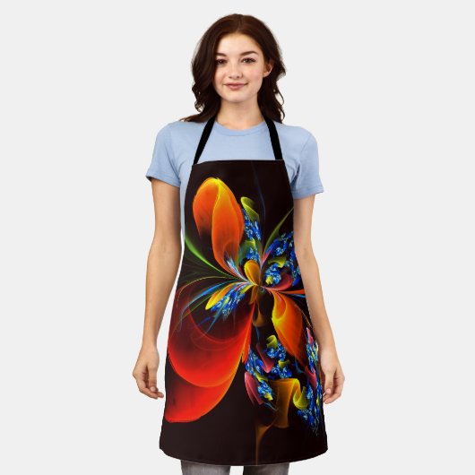 青オレンジ色のフローラモダン抽象芸術アートパターン#03 エプロン (着用した状態)