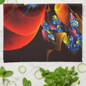 青オレンジ色のフローラモダン抽象芸術アートパターン#03 キッチンタオル (折り畳み)