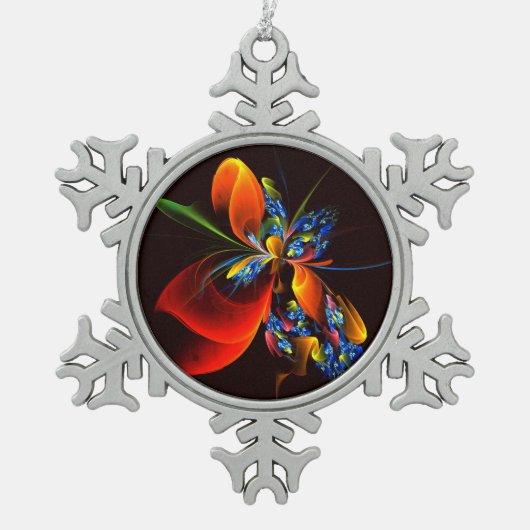 青オレンジ色のフローラモダン抽象芸術アートパターン#03 スノーフレークピューターオーナメント (正面)