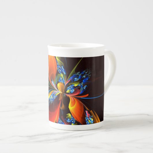 青オレンジ色のフローラモダン抽象芸術アートパターン#03 ボーンチャイナマグカップ (正面右)
